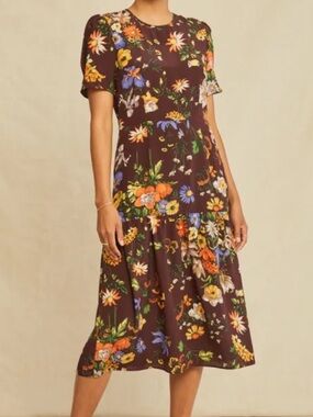 Amour Vert Silk Floral Midi Dress in Deep Brown